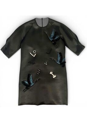 MO&Co Black Neoprene Midi Shift Dress Puff Sleeve Embellished Cranes medium